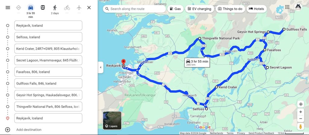 The picture show the Google maps route of the Golden Circle with the possible stops.