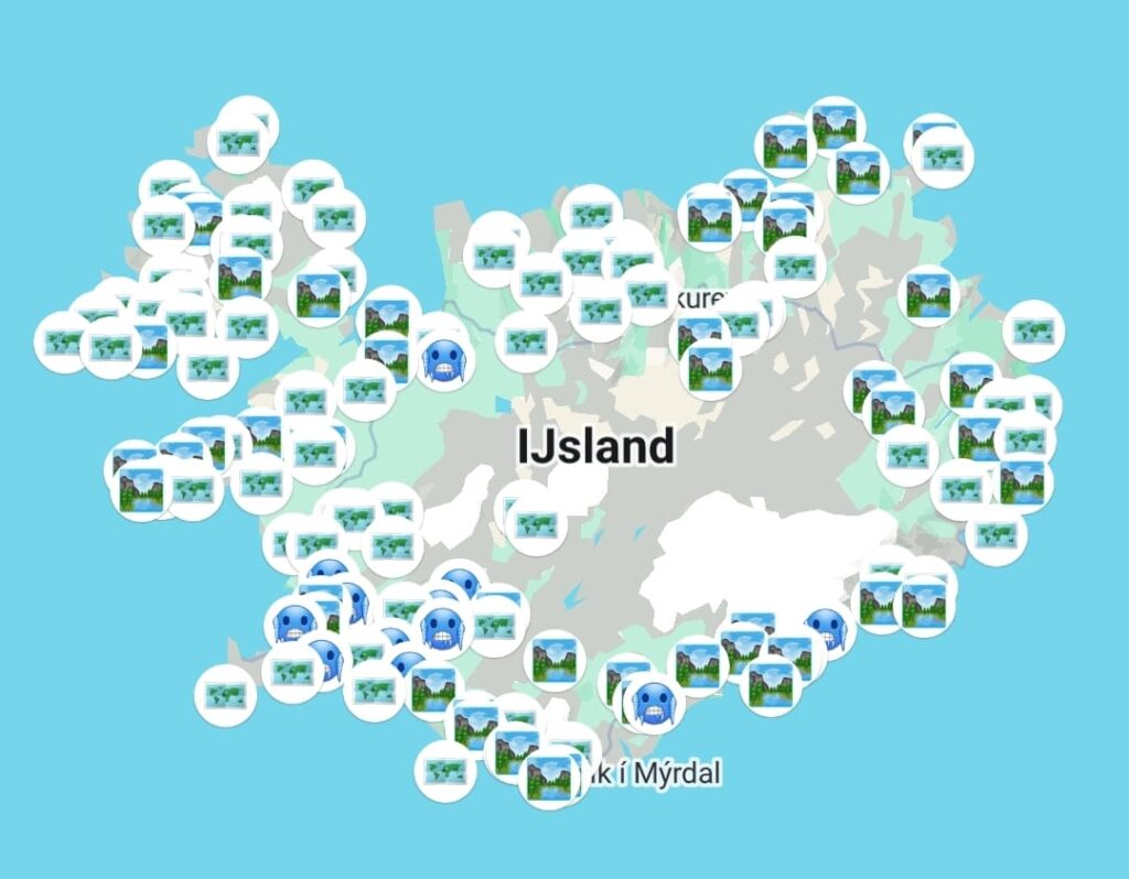 Spots to see or to visit in Iceland on a GoogleMaps map