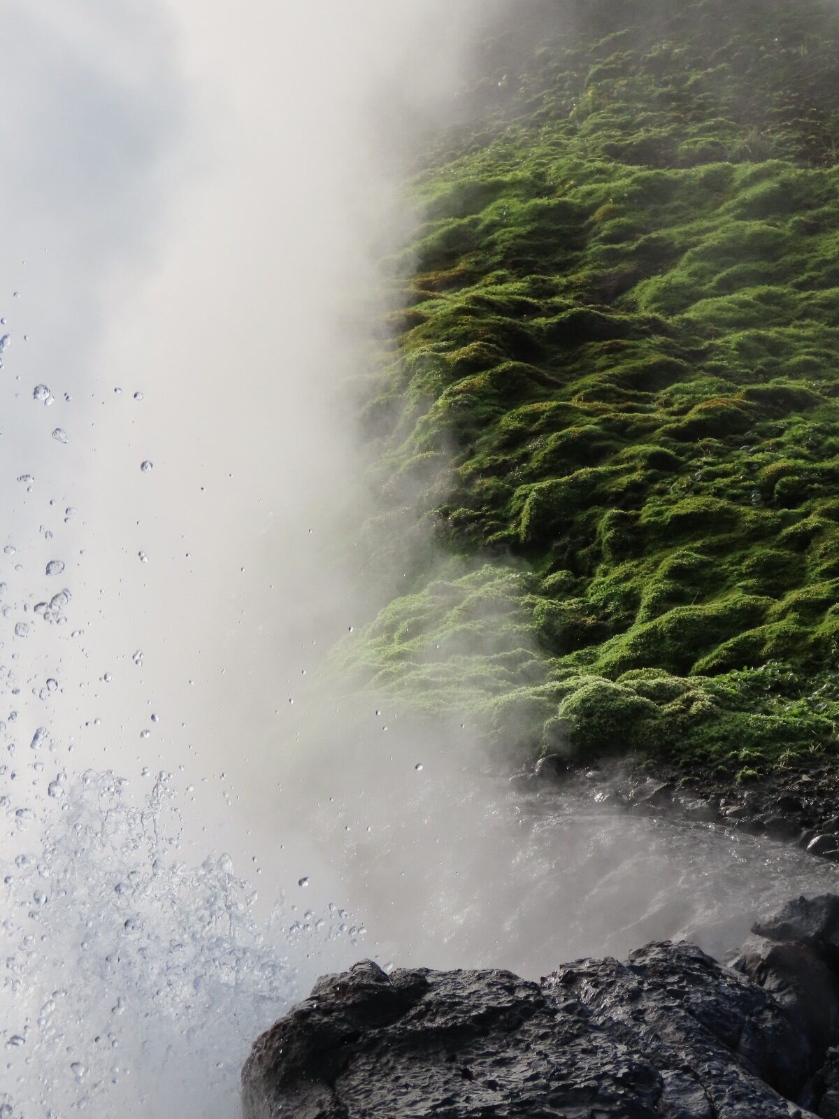 water splashing up surrounded with steam and green moss