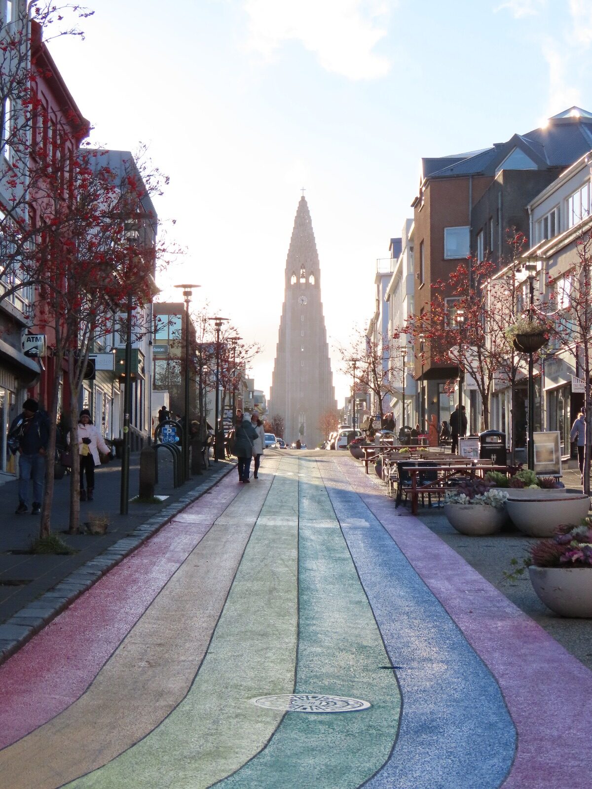 Rainbowcoloured road going to the Hallgrimskirkja